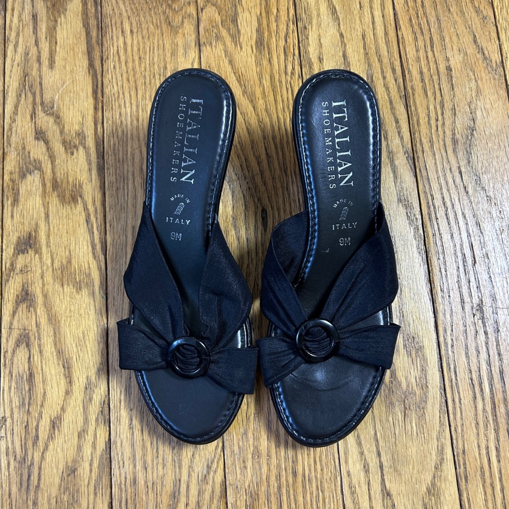 Italian Shoemakers Black Wedge Sandals Fabric Ring Slide Made in Italy Size 9M